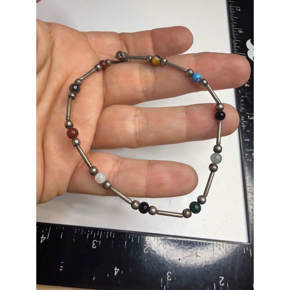 Vintage Sterling Silver Multi Color Gemstone Liquid Silver Bead Bracelet 7.5"